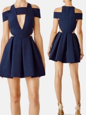 AQ/AQ Flared Navy Blue Cut-Out Mini Dress for Prom Cocktail Wedding Party Guest